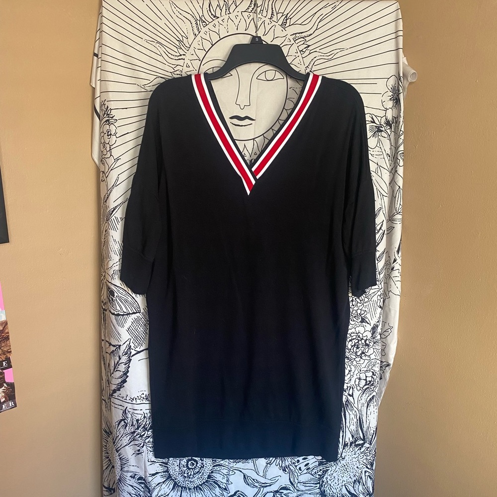 Sweater Dress with Striped Deep-V Neckline
